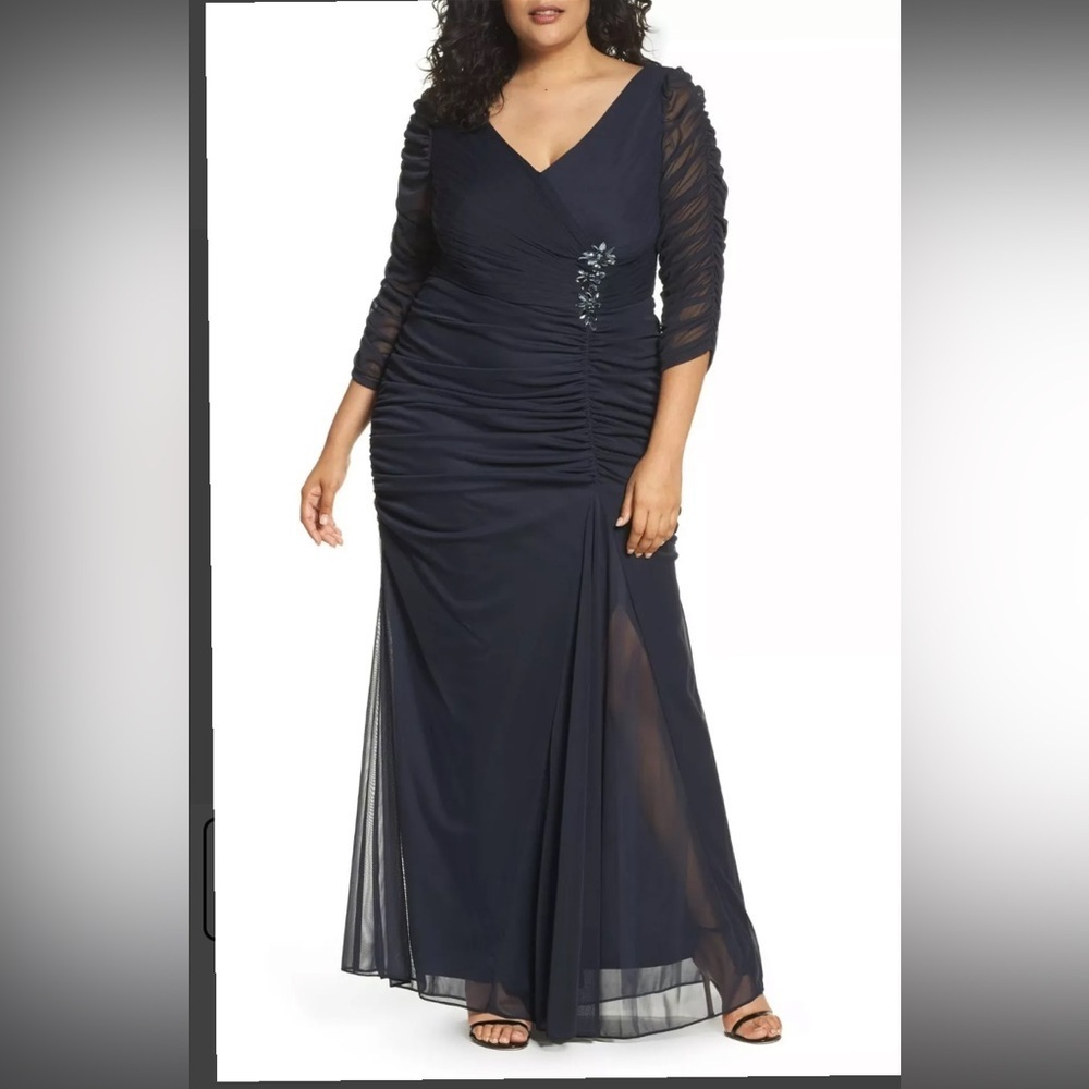 Adrianna Papell navy mesh gown formal‎ dress beaded ruched